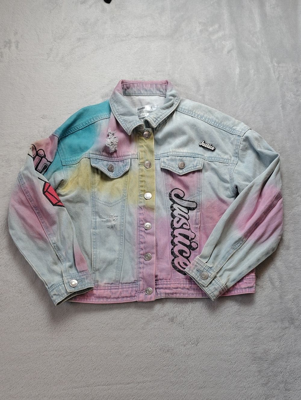 Justice Bazooka Gum Ring Pop Pastel Tie Dye 100% Cotton Denim Jacket Size 7/8